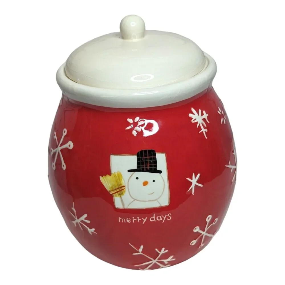 Hallmark Cookie Jar Canister‎ Merry Days Snowman Snowflakes Red White Holiday